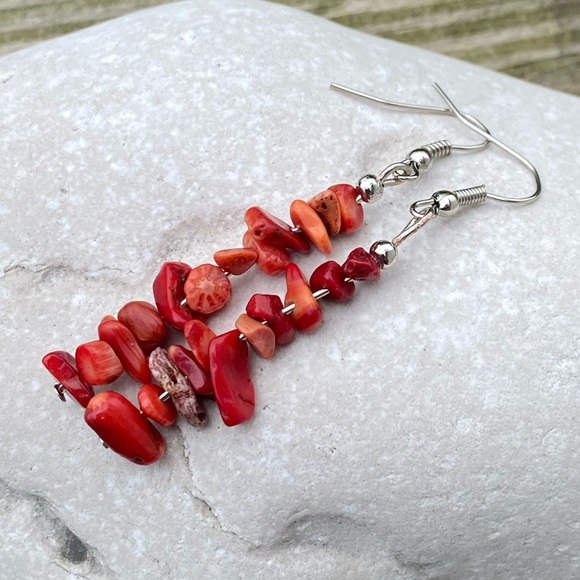 Red Coral gemstone linear drop earrings - Picture 5 of 5